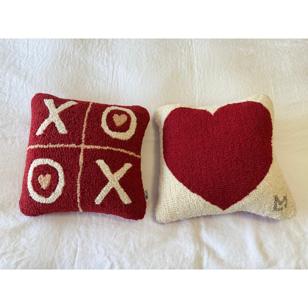 Laura Megroz | Set of 2 | Red Heart & Hugs/Kisses Pillows 13” Hooked Wool Velvet